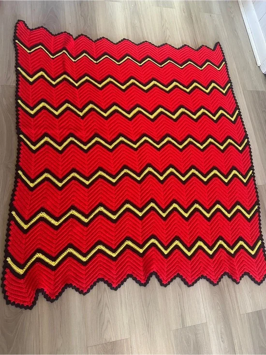 Bold Chevron Crochet Throw in Red with Black & Yellow Accents