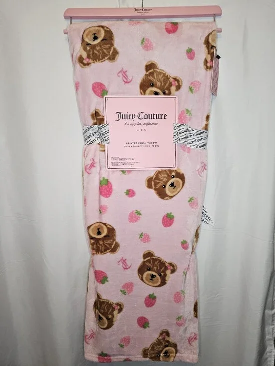 Juicy Couture Kids Pink Teddy Bear & Strawberry Plush Throw Blanket NWT
