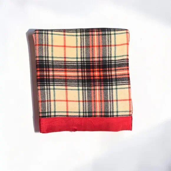 Vintage Golden Dawn Wool Plaid Blanket Satin Trim Cream Red Green 80”x72”