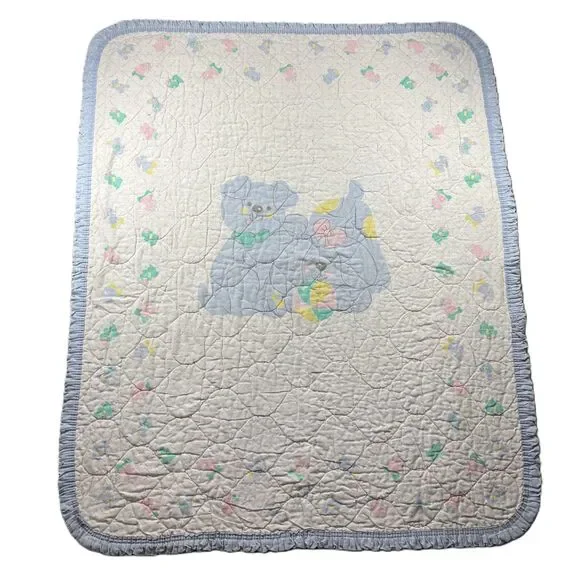 Vintage Baby Crib Blanket Pastel Dog Family Ruffle Trim Quilted 34x41
