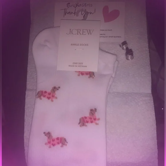 J. Crew White Socks with Brown Dog Pink Red hearts Valentine Pattern NEW