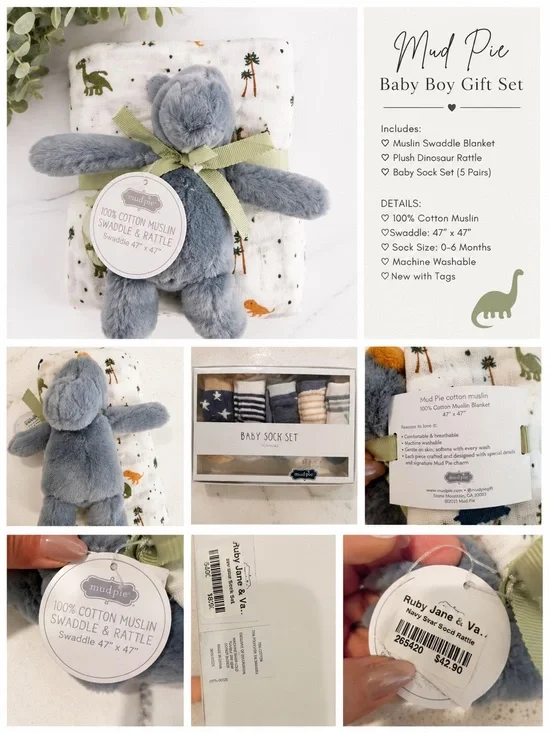 Mud Pie Gray and White Cotton Muslin Swaddle & Rattle