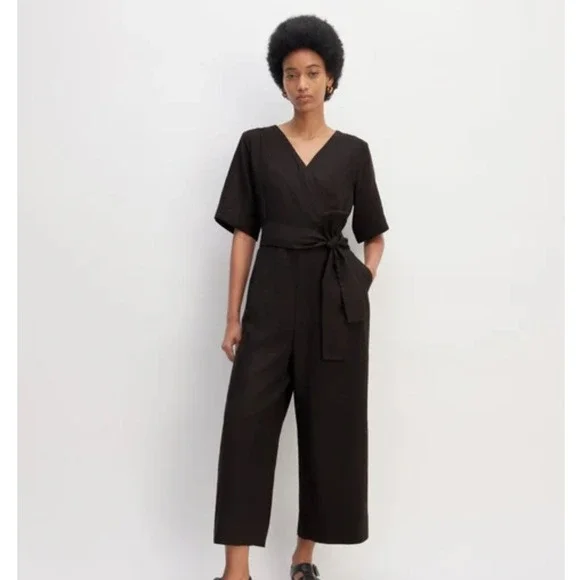 Everlane The Wrap Jumpsuit in Linen Black Short Sleeve Wide Leg Womens 8