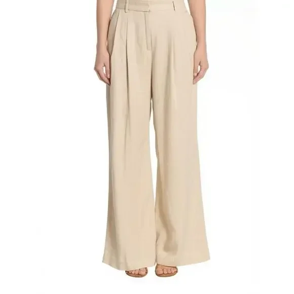Zara Beige Linen‎ Wide Leg Pants Pleated Front Relaxed Trousers Women’s Small