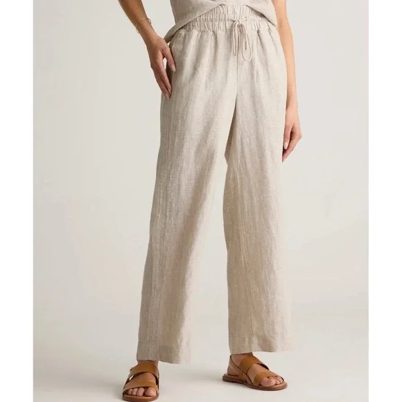 Quince 100% European Linen Wide Leg Pants Flax Beige Large Drawstring Trouser
