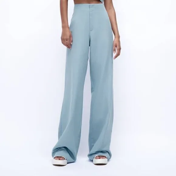 FULL LENGTH LINEN BLEND PANTS MID-BLUE NEW