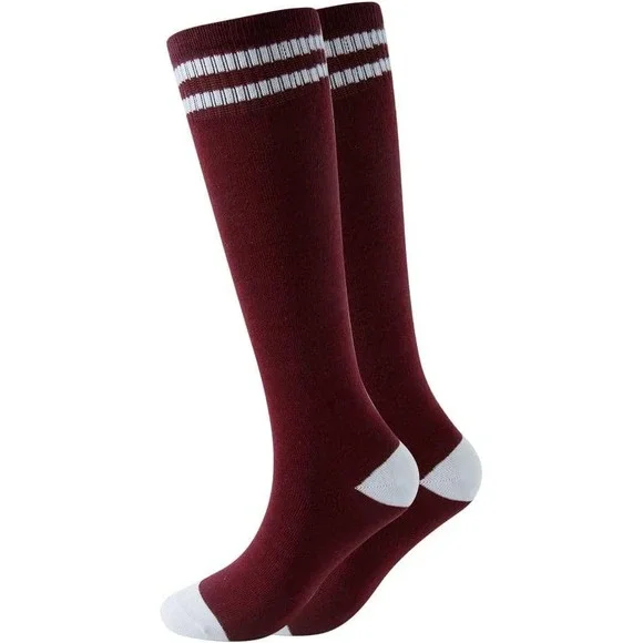 Kids Knee High Socks School Uniform Sport Stripe Cuff Burgundy White 6-10YR‎