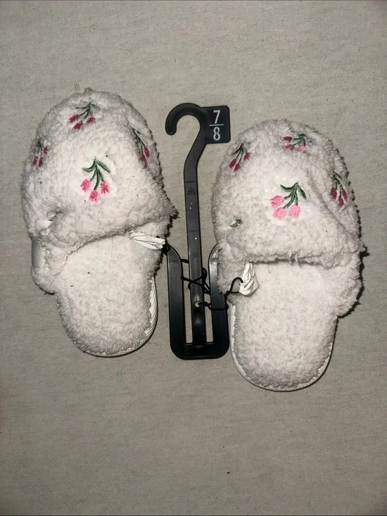 Plush Floral Kids Slippers - White with Pink Embroidery