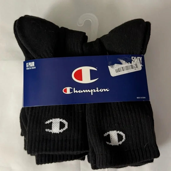 BRAND NEW Champion 6pairs Youth Black Crew Socks