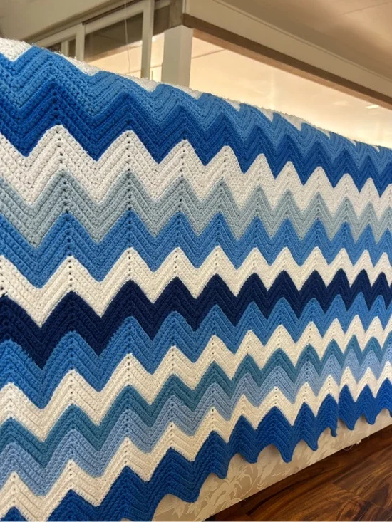 Handmade Chevron Crochet Blanket - Blue & White