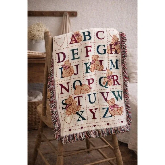 Vintage Alphabet and Bears Woven Blanket With Fringe