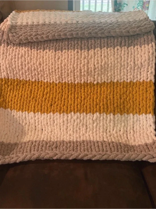 Handmade Chunky Knit Throw Blanket - Mustard Stripe with Cream & Taupe
