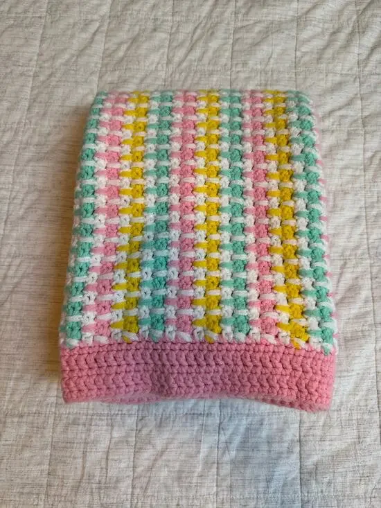 Handmade Crochet Unisex Baby Blanket Pink Yellow Blue Striped Pastels Granny VTG