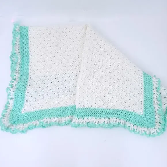 Handmade Crochet Baby Blanket Unisex Girl Boy Cream, Green 34x34, Gender Neutral