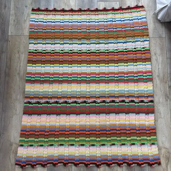 Vtg Handmade Crochet Lap Blanket Afghan Throw 51”x62” Multicolor Stripe Rainbow