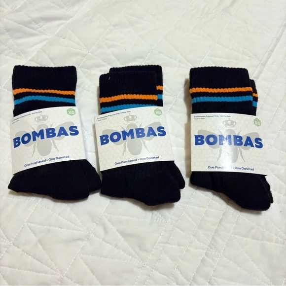 Bombas XS Black Calf Socks Blue Orange Stripes Honeycomb Grip New Set of 3