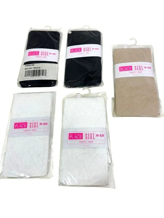 Children’s Place 5 Girls' Tights (8-10) 2-Black, 1-Beige Metallic, 2-White Lace