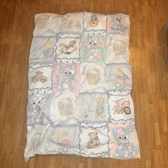 Vintage Baby Crib Comforter Quilt Teddy Bear Bunny Patchwork Nursery Blanket