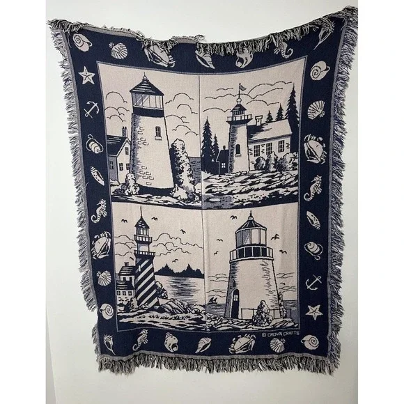 VTG Crown Crafts Tapestry Nautical Lighthouse Sea Shell Throw Blanket 50x60 USA