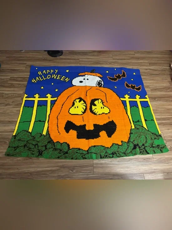 Snoopy and Woodstock “Happy Halloween” Pumpkin Crochet Throw