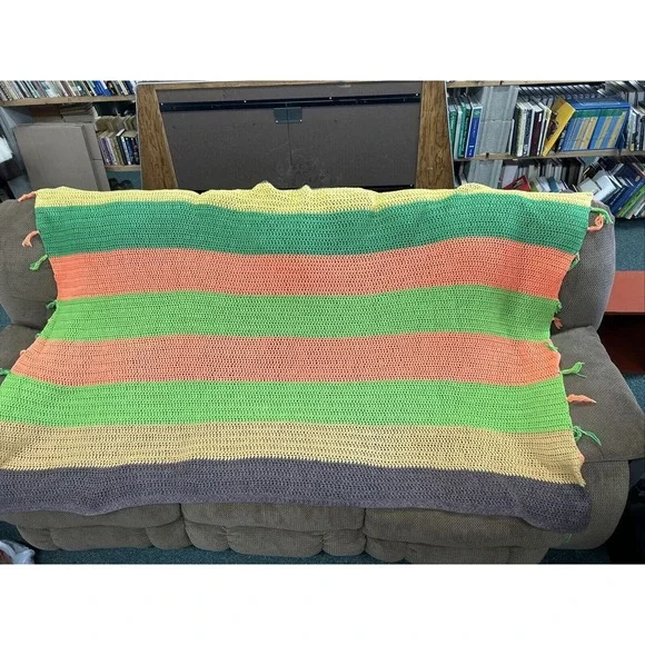 VTG 70s Afghan‎ Crochet Blanket Handmade Fringed Throw Retro 73x56 GrannyCore