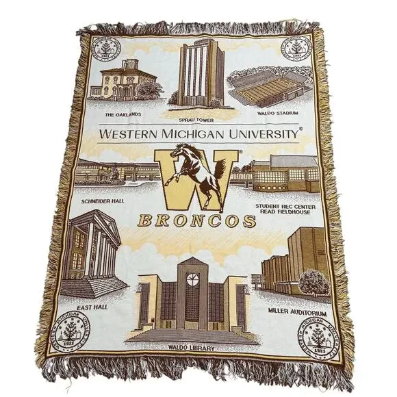 Vintage Western Michigan University Broncos Woven Tapestry Throw Blanket 60x44