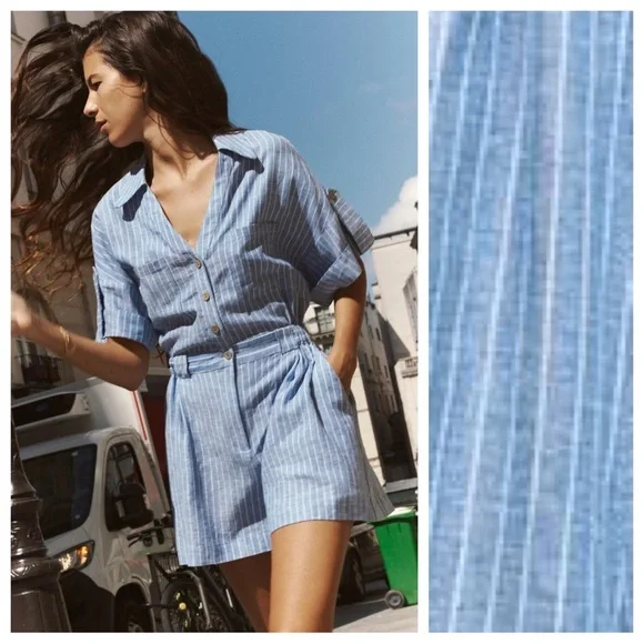 NWT. Zara Blue/White Striped Linen Blend Overalls/Jumpsuit. Size M.