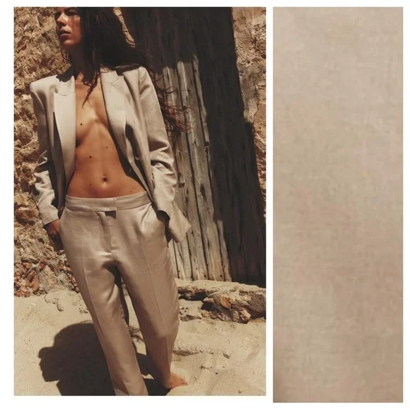 NWT. Zara Beige Viscose/Linen Blend Slim Fit High-Waisted Trousers. Size M.