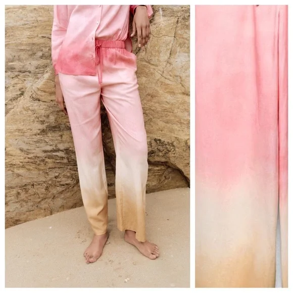 NWT. Zara Pink/Cream Linen Blend Tie-Dye Wide Leg Trousers. Size S.