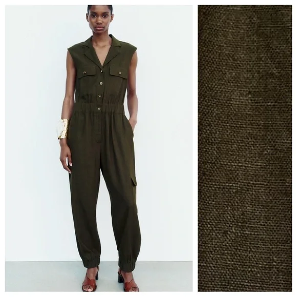 NWT. Zara Dark Khaki Linen Blend Sleeveless Jumpsuit. Size M.