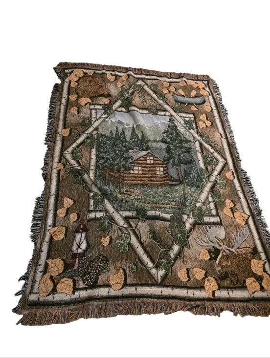 Vintage Log Cabin Throw Blanket With Fringe. Woods Birch Trees