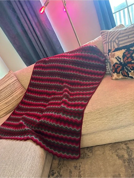 Chevron Knit Afghan Throw Blanket —Pink, Greys, Burgundy, & Brown