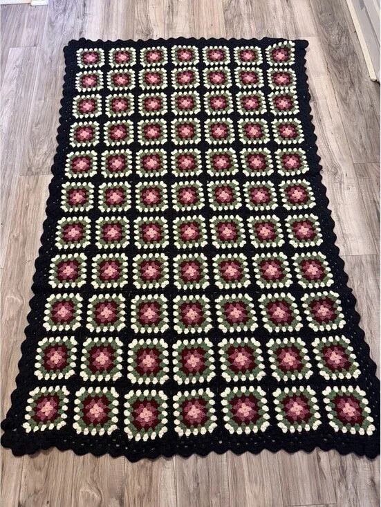 Vintage Hand Crocheted Granny Square Afghan Blanket Cottagecore Throw 45