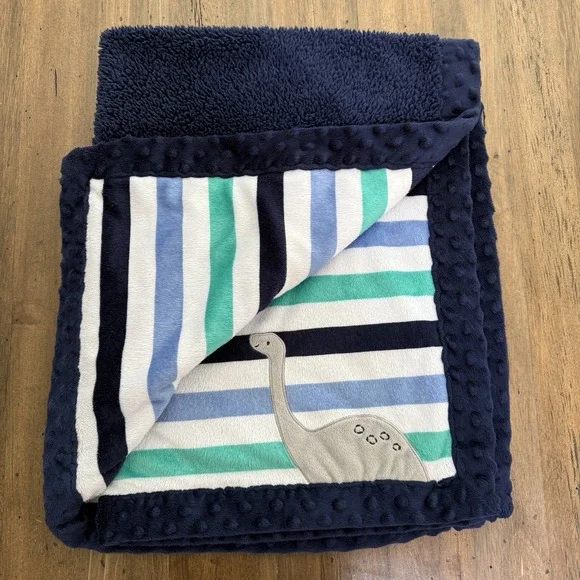 Carters Child Of Mine Navy Blue Green White Striped Dinosaur Dino Baby Blanket
