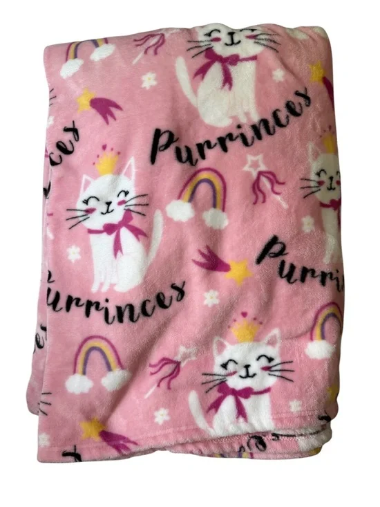 cat throw blanket with pink, black princess and rainbows on it  sz(60 in x 90in