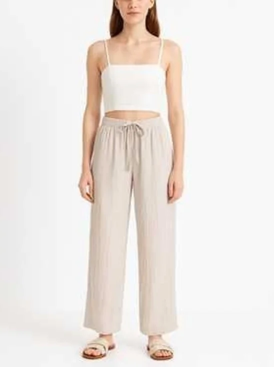 Zara Cream Sand Crinkle Wide Leg Pants XS Coastal Grandmother Resort Linen