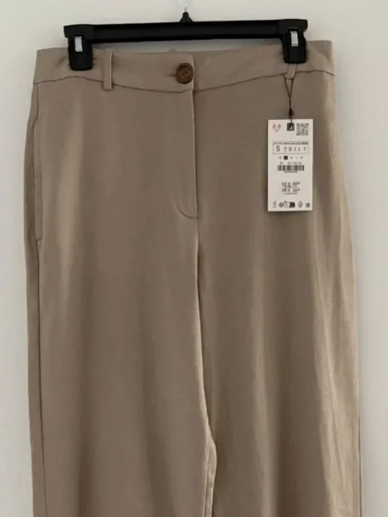 Zara NEW Linen Blend Wide Leg Trousers | Taupe Beige | Size Small | NWT |