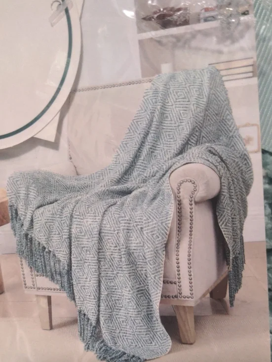 Light Teal Geometric Woven Throw Blanket with Fringe