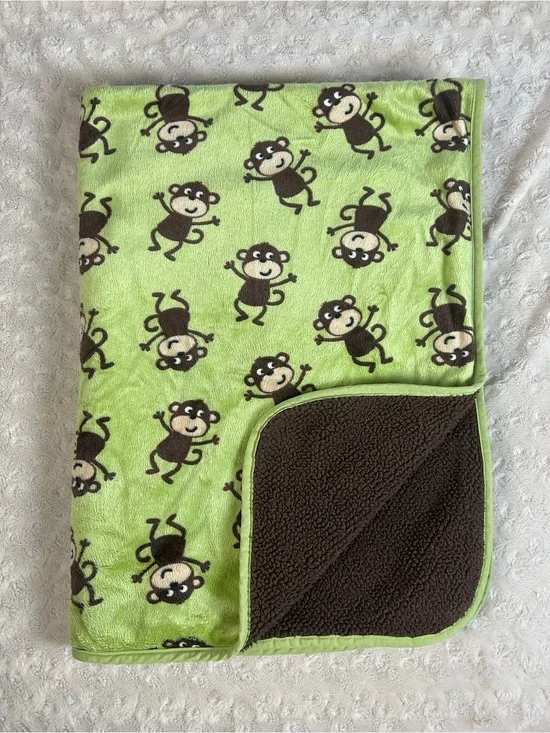 Carter's Green Brown Monkey Baby Blanket Sherpa Security Lovey Tan