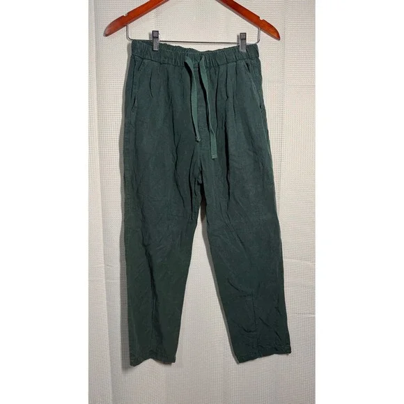 Zara Women's XS Dark Green Linen Blend‎ Drawstring Pants Relaxed Pull On Casual