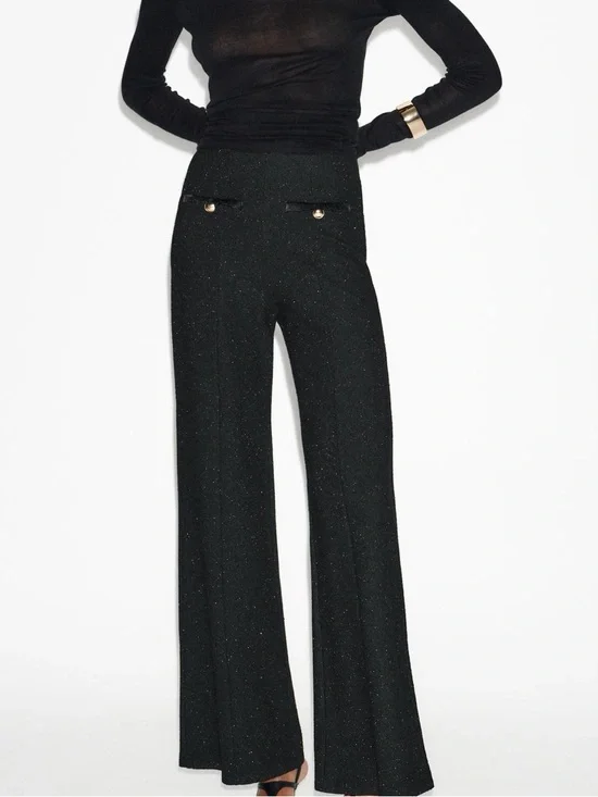 Zara NWT Black gold metallic thread Wide-Leg gold button Pants