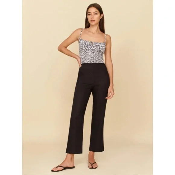 Reformation Justin Linen Straight-Leg Pants Black 8