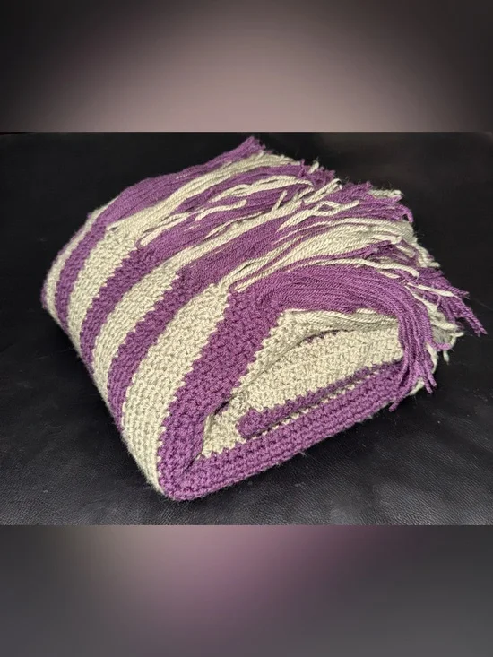 New Handmade Crochet Chair Throw Blanket Afghan Stripe Green Purple Fringe 54x64