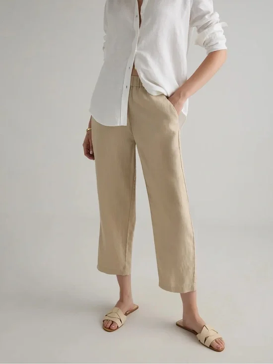 Quince Natural Linen Pant L Pull On Trouser Coastal Beach Travel Lagenlook