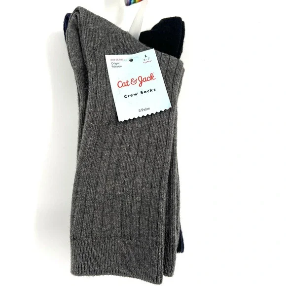 NEW Cat & Jack 3 pack uniform crew socks navy black gray cotton blend L 3-7