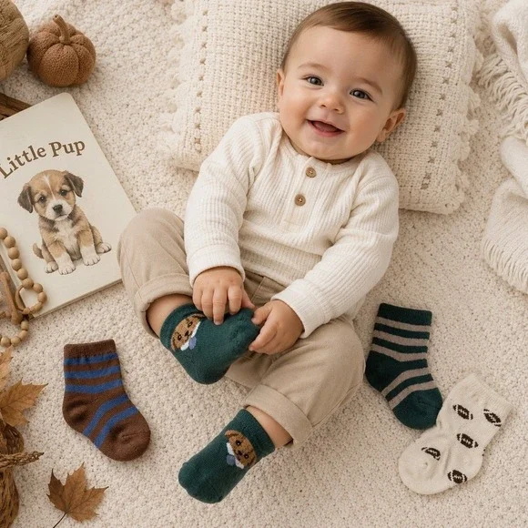 Picolette by Olivia Culpo Baby Crew Socks 4 Pack Green Puppy Football 3-12M