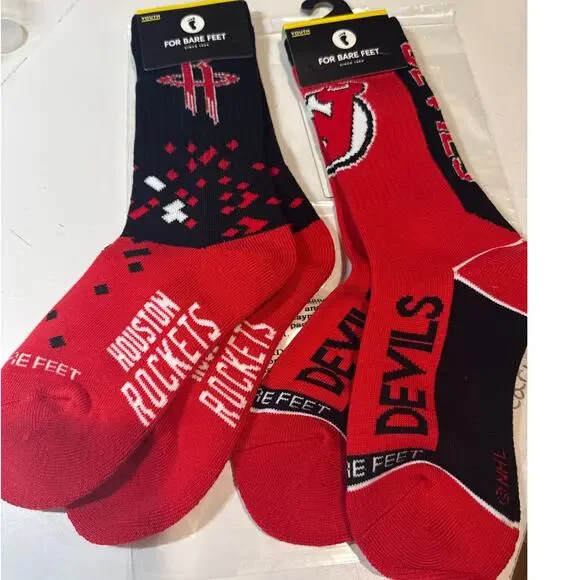 For Bare Feet Youth Socks 2 pairs Houston Rockets New Jersey Devils NHL NBA 13-5