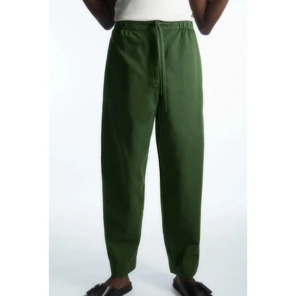 COS Barrel Leg Drawstring Cropped Trouser Pants in Green Cotton Linen Size 2