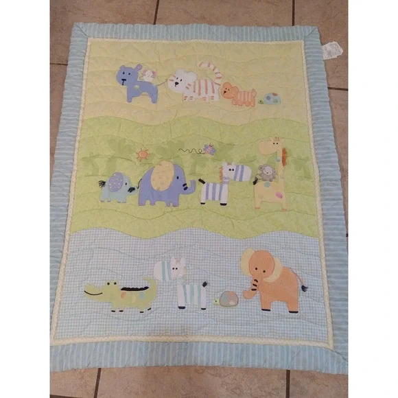 Just One Year Carters Baby Blanket Jungle Safari Animals Quilt Blue Green Yellow