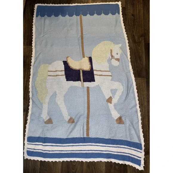 Handmade Crochet Blanket Carousel Horse Nursery Baby Toddler 56x36 Blue